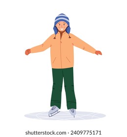 Kid ice skating, winter sport activity, flat vector illustration isolated on white background. Young boy in warm clothes, weekend on ice rink, winter vacation, outdoor activity