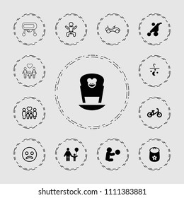 Kid icon. collection of 13 kid filled and outline icons such as baby stroller, child bicycle, baby toy, bike, sad smiley, family. editable kid icons for web and mobile.