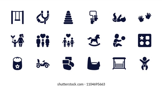 Kid icon. collection of 18 kid filled icons such as pyramid, baby toy, from toy for beach, baby potty, swing, family, bike, sligshot. editable kid icons for web and mobile.