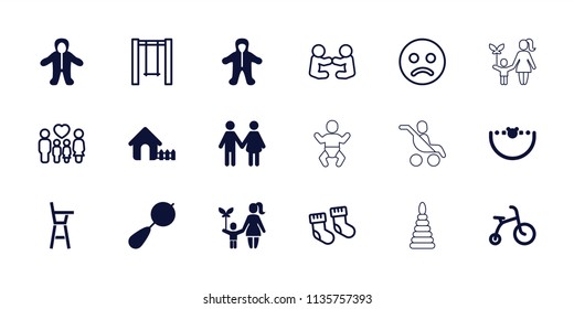 Kid icon. collection of 18 kid filled and outline icons such as beanbag, child bicycle, house, baby, family, sad smiley, swing. editable kid icons for web and mobile.