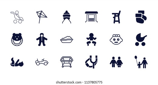Kid icon. collection of 18 kid filled and outline icons such as baby stroller, baby chair, father and son, newborn child, bike, kite. editable kid icons for web and mobile.