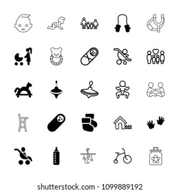 Kid icon. collection of 25 kid filled and outline icons such as baby bottle, newborn child, toy horse, child bicycle, whirligig, house. editable kid icons for web and mobile.