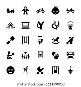 Kid icon. collection of 25 kid filled icons such as baby stroller, beanbag, bike, child bicycle, playpen, baby, sligshot, swing, family. editable kid icons for web and mobile.