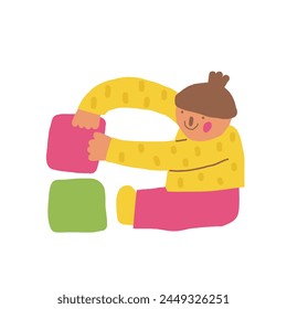 Kid icon. Cute hand drawn doodle isolated child. Girl playing with cubes background