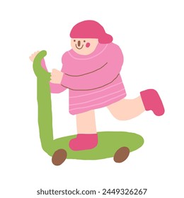 Kid icon. Cute hand drawn doodle isolated child. Girl riding scooter background