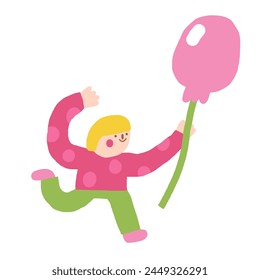 Kid icon. Cute hand drawn doodle isolated child. Girl running with balloon background