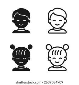 Kid icon. Happy boy or girl. Little child's face. Black and white line icon with outline. Smiling kid's face. Happy baby. Vector
