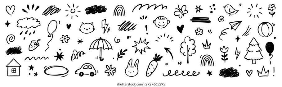 Conjunto de elementos lindos de línea de icono de niño. Bosquejo del icono del niño con el contorno de la línea y el arte dibujado a mano en la nube de papel, flor, fondo de la casa. Los niños infantiles de dibujos animados juegan arco iris, corazón, sol. Ilustración vectorial