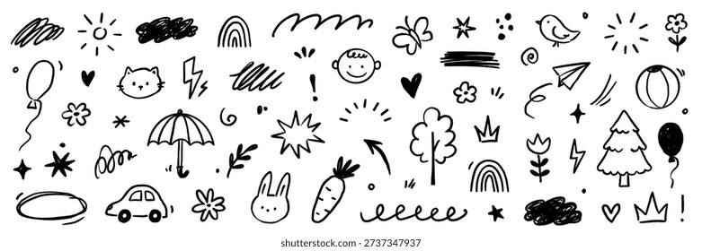 Kid icon line cute element set. Kid icon sketch with line outline and hand drawn art on paper cloud, flower, house background. Childish children cartoon play rainbow, heart, sun. Vector illustration