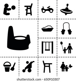 Kid icon. set of 13 filled kidicons such as baby stroller, bike, whirligig, baby bath, bucket toy for beach, swing, father and son