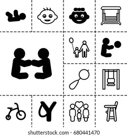 Kid icon. set of 13 filled and outline kid icons such as baby girl, child bicycle, beanbag, swing, family, sligshot