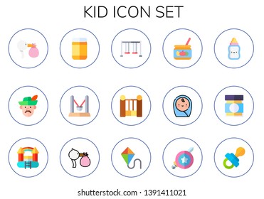 kid icon set. 15 flat kid icons.  Simple modern icons about  - stork, robin hood, baby food, playground, swing, cradle, baby, feeding bottle, bouncy castle, kite, superhero, pacifier