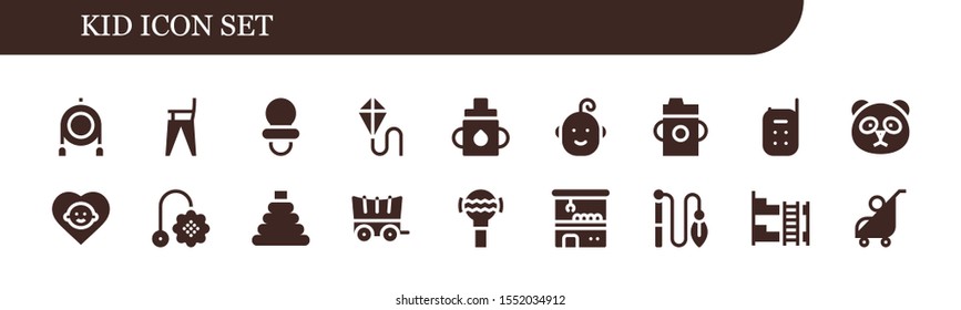 kid icon set. 18 filled kid icons.  Simple modern icons about  - Toy, Feeding chair, Dummy, Kite, Feeder, Baby, Feeding bottle, Baby monitor, Panda, Carriage, Rattle, Claw machine