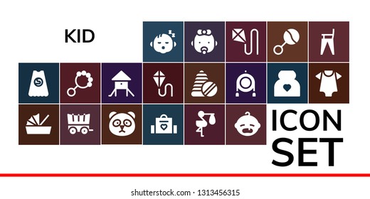 kid icon set. 19 filled kid icons.  Simple modern icons about  - Baby, Superhero, Cradle, Carriage, Panda, Baby bag, Stork, Rattle, Playground, Kite, Toys, Toy, Pregnancy, Baby clothes