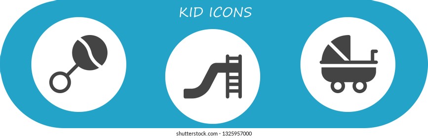 Kid Icon Set. 3 Filled Kid Icons.  Simple Modern Icons About  - Rattle, Toboggan, Stroller