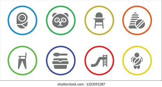 kid icon set. 8 filled kid icons.  Simple modern icons about  - Baby, Feeding chair, Panda, Lunchbox, Baby chair, Toboggan, Toys, Childhood