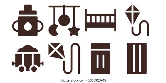 kid icon set. 8 filled kid icons.  Simple modern icons about  - Carriage, Feeder, Kite, Crib toy, Inflatable, Cot