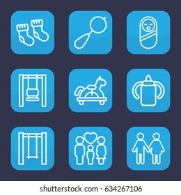 Kid icon. set of 9 outline kid icons such as baby bottle, baby socks, beanbag, baby food, swing, family