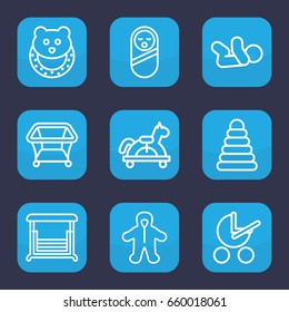 Kid icon. set of 9 outline kid icons such as baby stroller, pyramid, baby food, playpen, swing