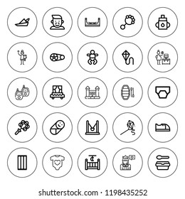 Kid icon set. collection of 25 outline kid icons with baby clothes, baby monitor, bouncy castle, carriage, cradle, crankset, diaper, feeder, inflatable icons. editable icons.