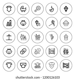 Kid icon set. collection of 25 outline kid icons with baby bottle, baby clothes, bunk bed, bunk, classmates, children, duck, dummy, diaper, family, kite icons. editable icons.