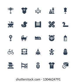 kid icon set. Collection of 25 filled kid icons included Blocked, Baby clothes, Baby, Bunk bed, Father, Toy, Birthday girl, Bouncy castle, Tricycle, Feeding bottle, Panda, Baby shoes