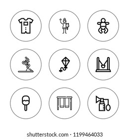 Kid icon set. collection of 9 outline kid icons with baby clothes, baby, bmx, breast pump, kite, playground, rattle icons. editable icons.