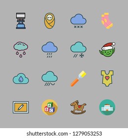 kid icon set. vector set about elf, baby clothes, abc and cooking icons set.