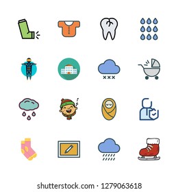 Kid Icon Set. Vector Set About Baby Stroller, Socks, Broken Tooth And School Icons Set.