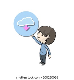 Kid with icon web over white background 