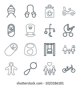 Kid icons. set of 16 editable outline kid icons such as baby stroller, bed mobile, beanbag, baby food, child bicycle, swing, bike, family