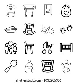 Kid icons. set of 16 editable outline kid icons such as baby stroller, baby bed, beanbag, family, playpen