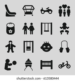 Kid icons set. set of 16 kid filled icons such as baby, baby bed, bike, child bicycle, playpen, family, swing