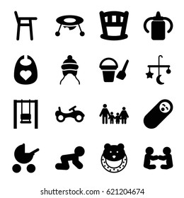 Kid icons set. set of 16 kid filled icons such as baby bottle, bed mobile, bike, bucket toy for beach, swing, family