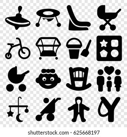 Kid icons set. set of 16 kid filled icons such as baby stroller, baby bed, bed mobile, child bicycle, whirligig, bucket toy for beach, from toy for beach, playpen, family