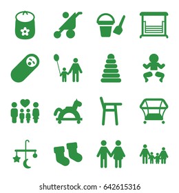 Kid icons set. set of 16 kid filled icons such as baby stroller, baby socks, bed mobile, pyramid, bucket toy for beach, playpen, swing, family, father and son, newborn child