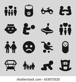 Kid icons set. set of 16 kid filled icons such as baby bed, bike, whirligig, playpen, family