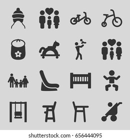 Kid icons set. set of 16 kid filled icons such as baby, baby stroller, child bicycle, family, swing