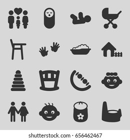Kid icons set. set of 16 kid filled icons such as baby, baby stroller, pyramid, house