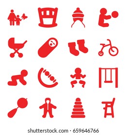 Kid icons set. set of 16 kid filled icons such as baby stroller, baby socks, pyramid, beanbag, child bicycle, swing, mother and son