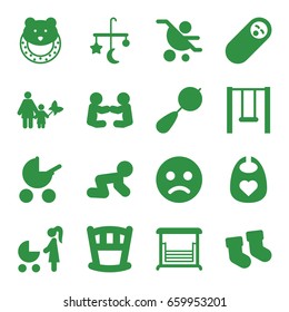 Kid icons set. set of 16 kid filled icons such as baby stroller, bed mobile, beanbag, swing, sad smiley, mother and son
