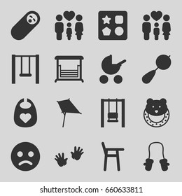 Kid icons set. set of 16 kid filled icons such as baby stroller, beanbag, baby bid, from toy for beach, kite, swing, family, sad smiley