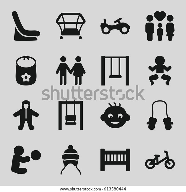 Kid icons set. set\
of 16 kid filled icons such as baby, baby bed, bike, child bicycle,\
playpen, family, swing