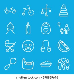 kid icons set. Set of 16 kid outline icons such as baby bottle, baby stroller, bed mobile, pyramid, beanbag, child bicycle, bike, family, sad smiley