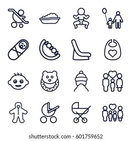 kid icons set. Set of 16 kid outline icons such as baby, baby stroller, family, father and son