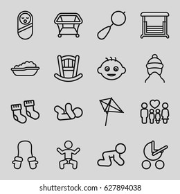 Kid icons set. set of 16 kid outline icons such as baby, baby stroller, beanbag, kite, playpen, swing