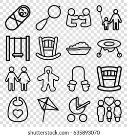 Kid icons set. set of 16 kid outline icons such as baby stroller, beanbag, kite, family, swing, father and son