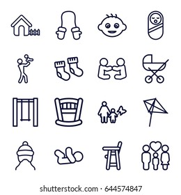 Kid icons set. set of 16 kid outline icons such as baby, kite, house, swing, family