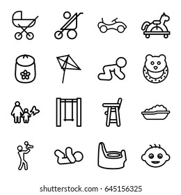 Kid icons set. set of 16 kid outline icons such as baby, baby stroller, bike, kite, swing, mother and son