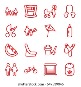 Kid icons set. set of 16 kid outline icons such as baby bottle, baby stroller, child bicycle, bucket toy for beach, kite, swing, family, mother and son